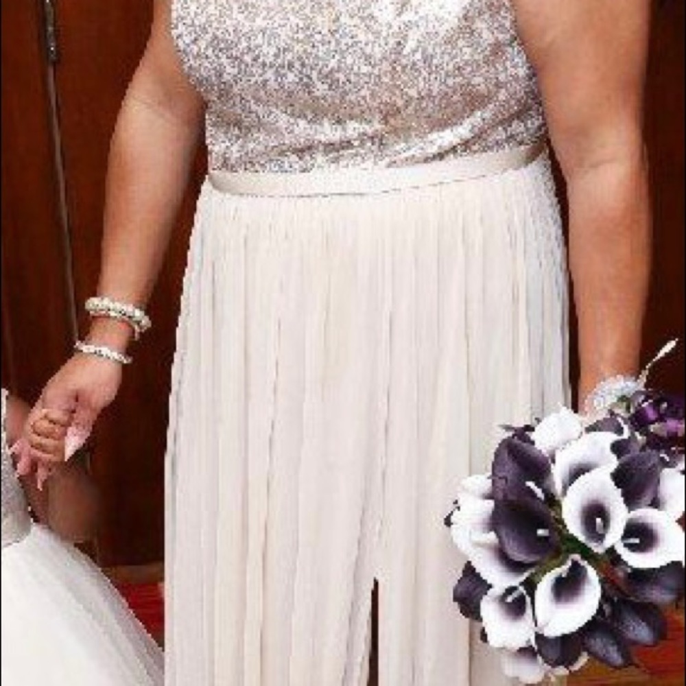 Gold One Shoulder Sequin and Mesh Dress with High Split